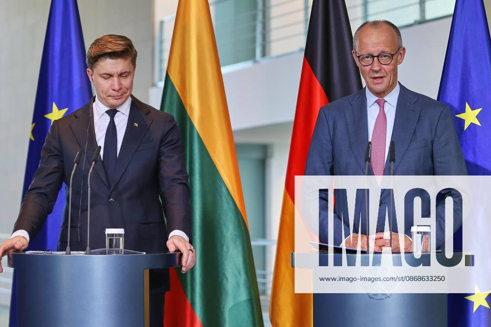 Berlin, Germany, October 5, 2026: The Federal Chancellery hosts a joint press conference with Lithuanian Prime Minister Mindaugas Sinkevicius and Federal Chancellor Friedrich Merz (CDU)