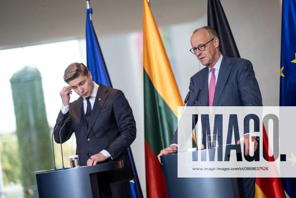 Chancellor Friedrich Merz (right) with his guest Mindaugas Sinkevicius, Prime Minister of Lithuania, at the Federal Chancellery; joint press statements; Chancellor hosts Prime Minister of the Republic of Lithuania at the Federal Chancellery, Berlin, Germany; Federal Chancellery