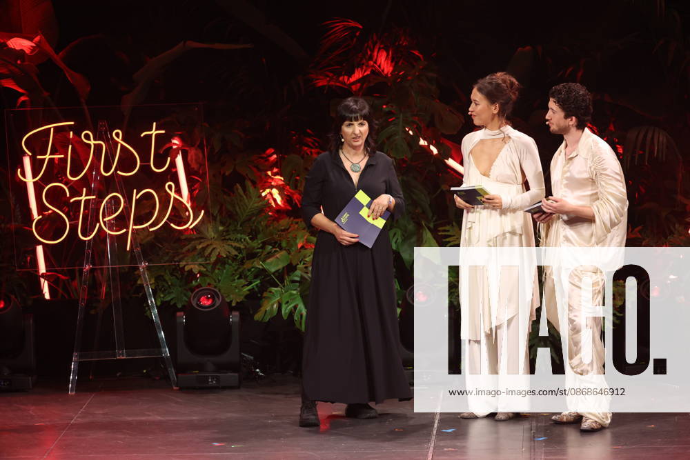 FIRST STEPS 2026 Hosts Malaya Maximilian and No Fear Bernd Eichinger Award Acceptance Speech by Ira Tondowski Award Ceremony on Stage at the FIRST STEPS 2026 Awards at the Theater des Westens in Berlin