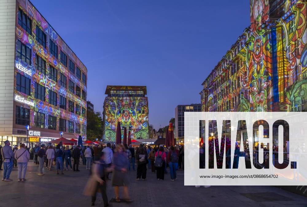 Essen Light Festival, downtown, light installation *The Complementary Universe*, projected onto the buildings at Willy Brandt Platz, by Lightspray Visual, from Hungary, North Rhine-Westphalia, Germany, Essen Light Festival