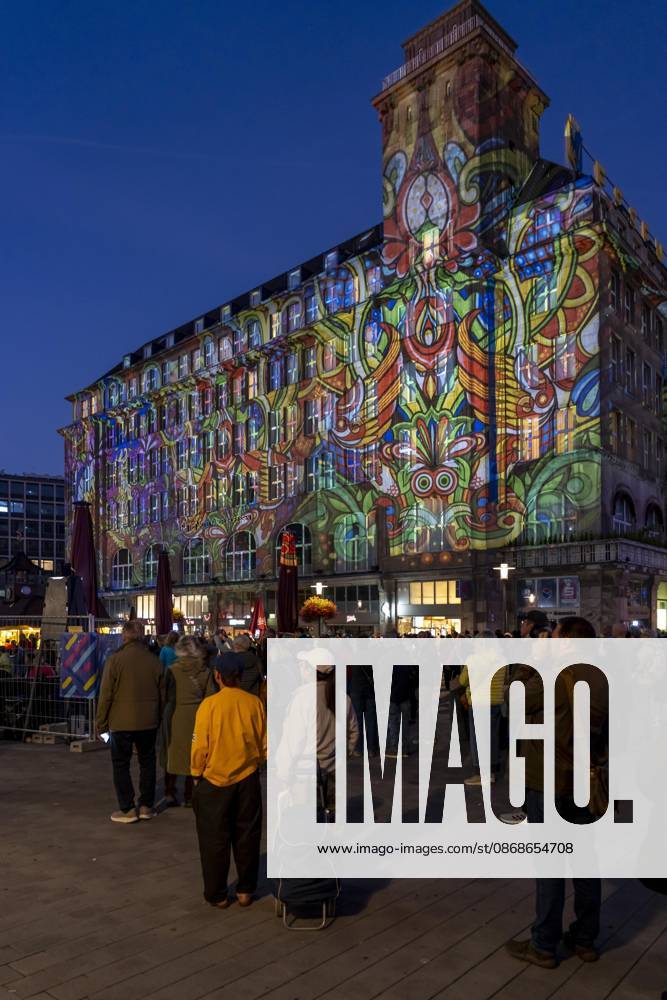 Essen Light Festival, downtown, light installation *The Complementary Universe*, projected onto the buildings at Willy Brandt Platz, by Lightspray Visual, from Hungary, North Rhine-Westphalia, Germany, Essen Light Festival