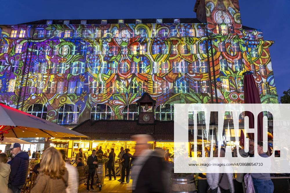Essen Light Festival, downtown, light installation *The Complementary Universe*, projected onto the buildings at Willy Brandt Platz, by Lightspray Visual, from Hungary, North Rhine-Westphalia, Germany, Essen Light Festival
