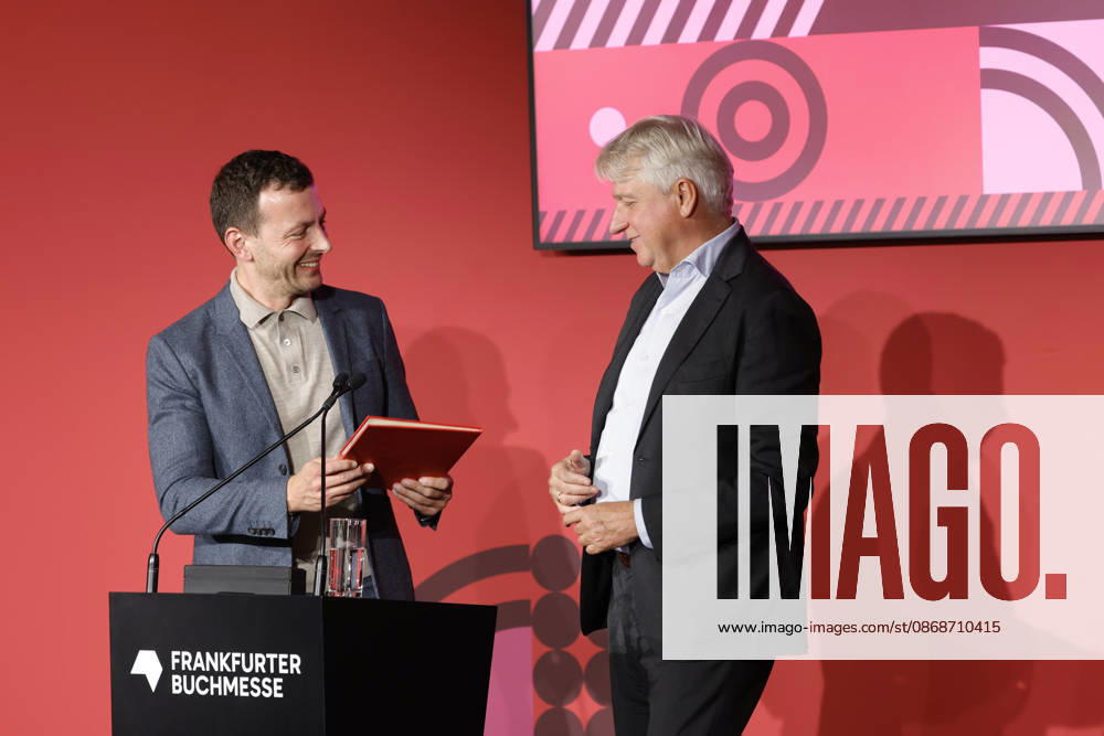 Frankfurt Impressions, October 6, 2026: The 78th Frankfurt Book Fair bids farewell to its long-time director, Juergen Boos (left). Sebastian GUGGOLZ, Chairman of the German Publishers and Booksellers Association, Frankfurt am Main, Hesse, Germany