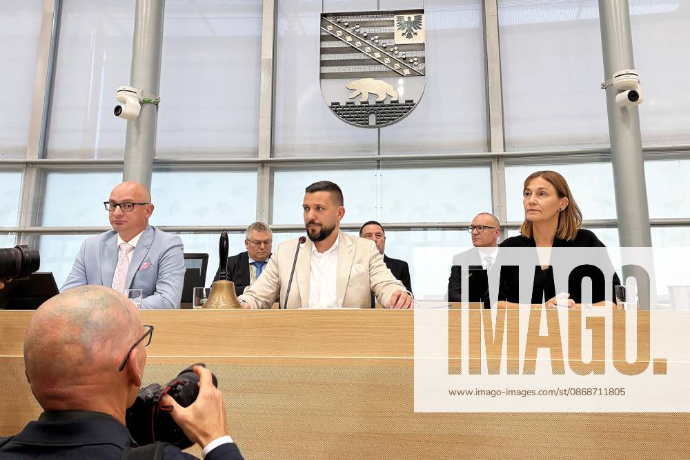 Magdeburg, Saxony-Anhalt, Germany, October 6, 2026: Inaugural session of the state parliament. Tobias Rausch (AfD), right, after his election as president of the state parliament.