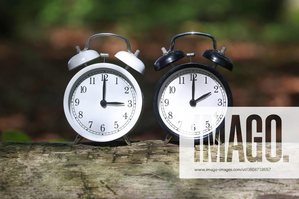 There are two alarm clocks in a forest. One alarm clock reads three o clock, the other shows two o’clock. The clocks will be set back to standard time. On the night of October 24, 2026, to October 25, 2026, the clock will be set back from 3:00 a.m. to 2:00 a.m. Illustrative image on the topic: standard time, time change, clock change on October 6, 2026, in Siegen, Germany