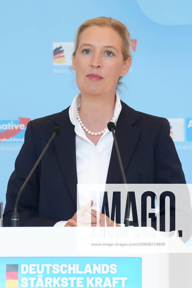 Press conference by the AfD chairwoman ahead of the parliamentary group meeting: Alice Weidel, AfD, pictured during a press statement ahead of the AfD parliamentary group meeting in the German Bundestag, Berlin, October 6, 2026, Berlin, Berlin, Germany