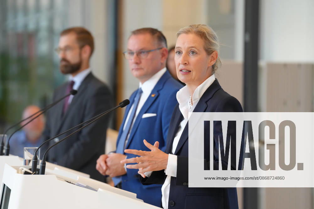 Press conference by the AfD chairpersons ahead of the parliamentary group meeting: AfD chairpersons Alice Weidel and Tino Chrupalla during a press statement ahead of the parliamentary group meeting in the German Bundestag, Berlin, October 6, 2026, Berlin, Germany