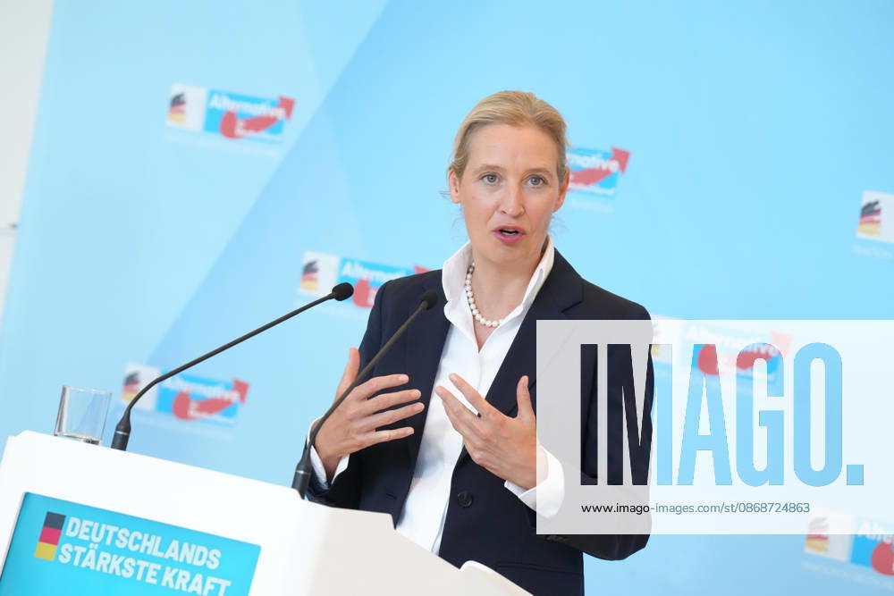 Press conference by the AfD chairwoman ahead of the parliamentary group meeting: Alice Weidel, AfD, pictured gesturing during a press statement ahead of the AfD parliamentary group meeting in the German Bundestag, Berlin, October 6, 2026, Berlin, Berlin, Germany