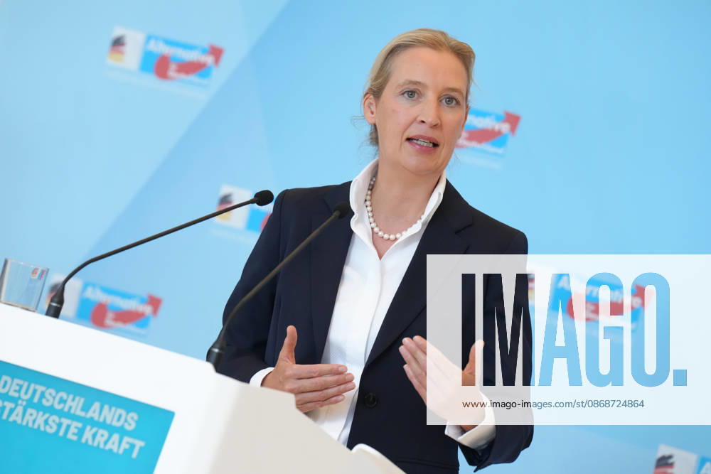 Press conference by the AfD chairwoman ahead of the parliamentary group meeting: Alice Weidel, AfD, pictured gesturing during a press statement ahead of the AfD parliamentary group meeting in the German Bundestag, Berlin, October 6, 2026, Berlin, Berlin, Germany
