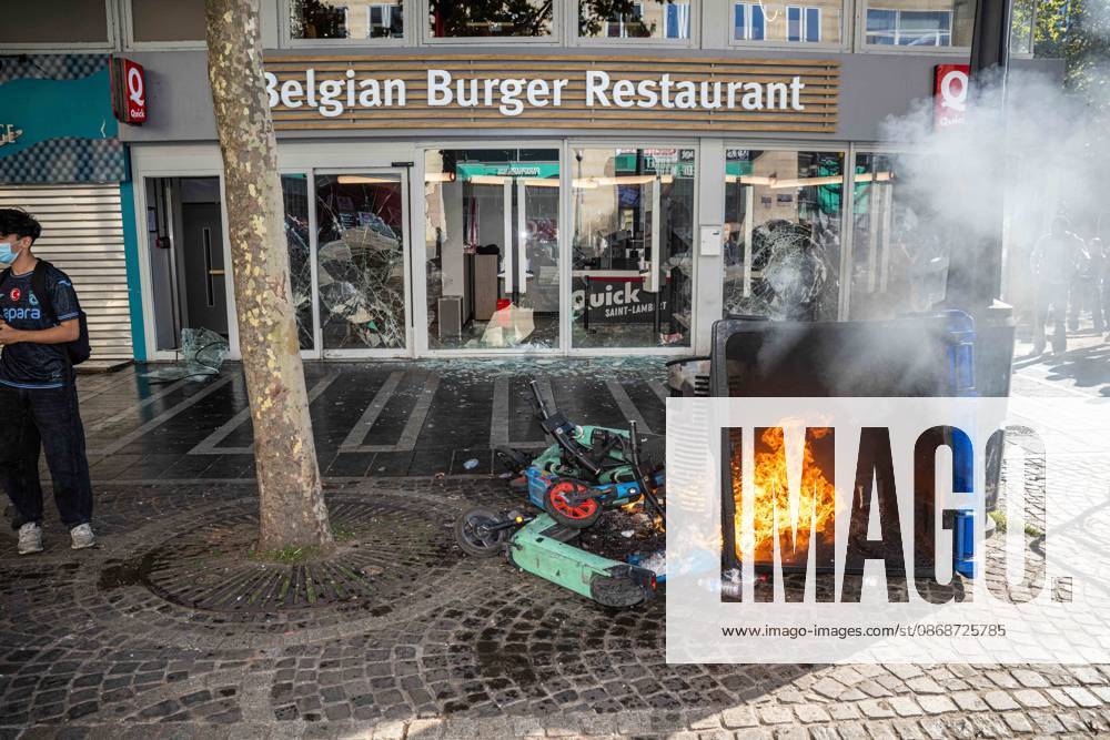 Vandalism to the windows of a Quick fast-food and a small fire as students gather outside several schools in Liege during a protest against education reforms and budget cuts, on Tuesday 6 October 2026. Yesterday police arrested 16 people after the protests turned violent. The protests in French-speaking Belgium have been ongoing for months, following a series of reforms and budget cuts introduced by the French Community Government. JONASxROOSENS 188912328