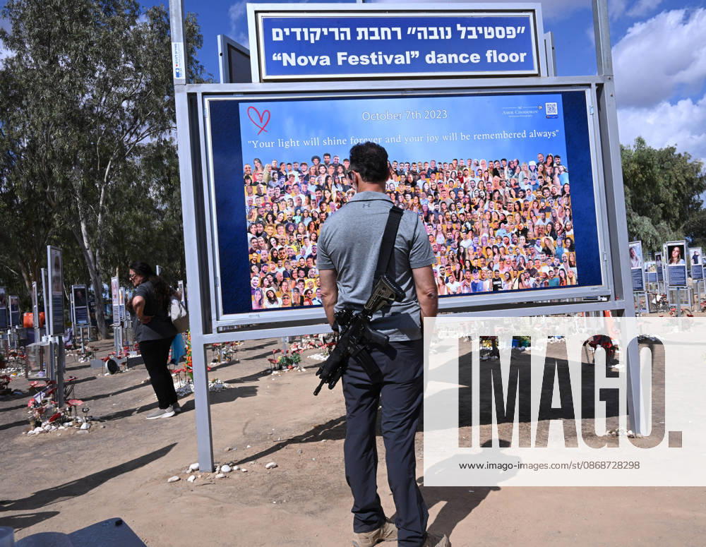 People look at photos of hundreds of victims killed by Hamas on October 7, 2023, at the Nova Festival Memorial site in Re im, near the Gaza border on Monday, October 6, 2026. Israel is marking three years since the Hamas attack that killed 1,200 people and 251 were taken hostage into Gaza. JER2026100602 DEBBIExHILL