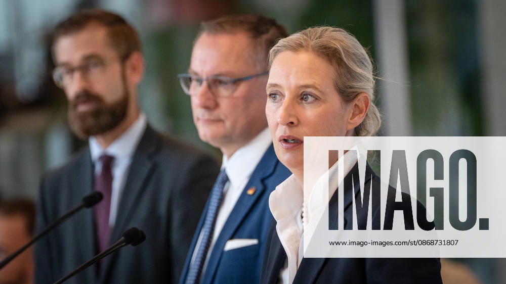 Tino Chrupalla, AfD party and parliamentary group leader, with Alice Weidel, AfD Party and parliamentary group leader; in the background, Marcus Schmidt, press secretary for the AfD parliamentary group in the Bundestag. Press statement by the two AfD party leaders and parliamentary group leaders before the start of the parliamentary group meeting in the German Bundestag, Berlin, Germany,