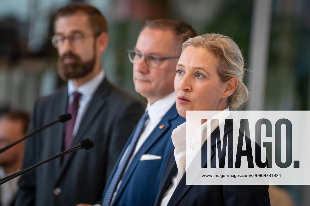 Tino Chrupalla, AfD party and parliamentary group leader, with Alice Weidel, AfD Party and parliamentary group leader; in the background, Marcus Schmidt, press secretary for the AfD parliamentary group in the Bundestag. Press statement by the two AfD party leaders and parliamentary group leaders before the start of the parliamentary group meeting in the German Bundestag, Berlin, Germany,