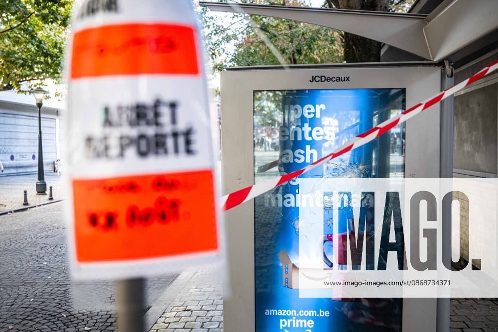 A broken glass panel is seen at a bus stop in the centre of Liege as students gather outside several schools in Liege during a protest against education reforms and budget cuts, on Tuesday 6 October 2026. Yesterday police arrested 16 people after the protests turned violent. The protests in French-speaking Belgium have been ongoing for months, following a series of reforms and budget cuts introduced by the French Community Government. JONASxROOSENS 188939307