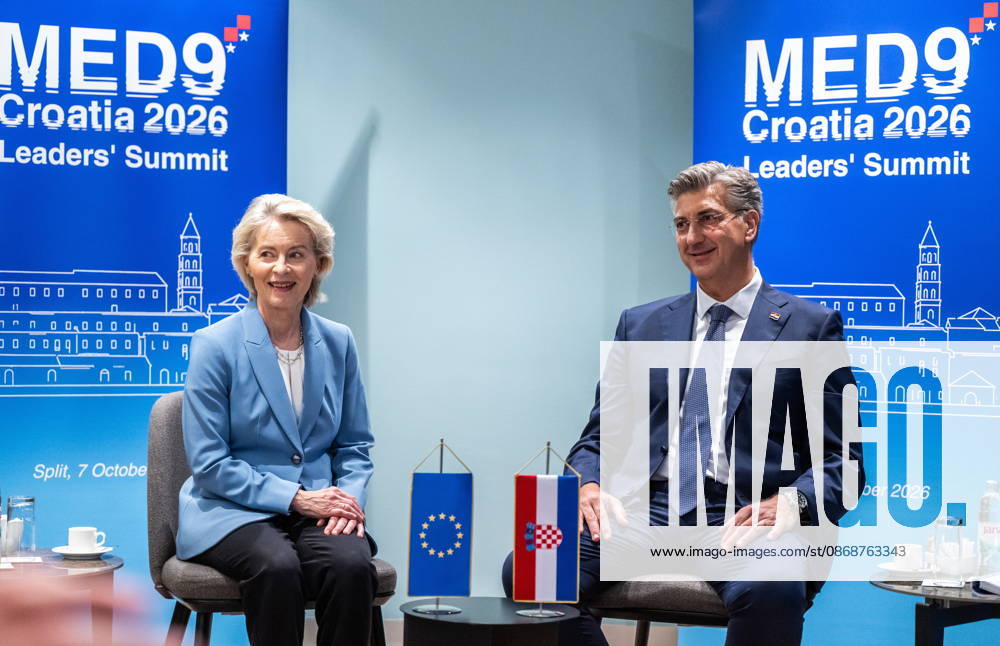 Croatia, Split, 06.10.2026. Radisson Blu Resort and Spa Hotel. Bilateral meeting between Prime Minister Andrej Plenkovic and European Commission President Ursula von der Leyen on the sidelines of the MED9 summit. In the photo: Ursula von der Leyen, Andrej Plenkovic. Photo: Tom Dubravec CROPIX Split CROATIA