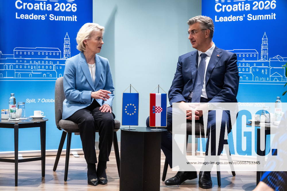 Croatia, Split, 06.10.2026. Radisson Blu Resort and Spa Hotel. Bilateral meeting between Prime Minister Andrej Plenkovic and European Commission President Ursula von der Leyen on the sidelines of the MED9 summit. In the photo: Ursula von der Leyen, Andrej Plenkovic. Photo: Tom Dubravec CROPIX Split CROATIA
