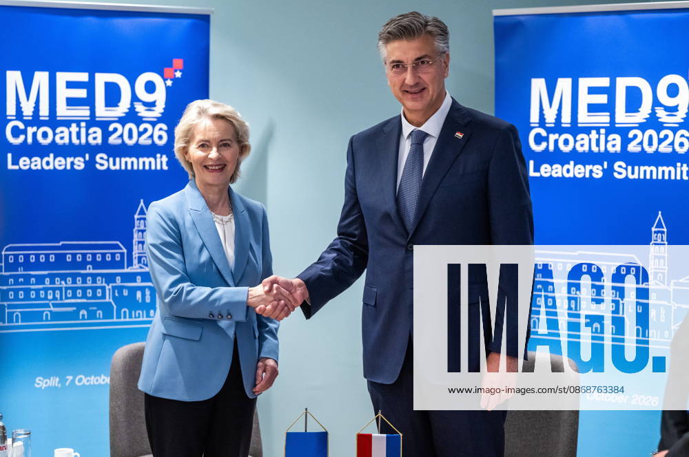 Croatia, Split, 06.10.2026. Radisson Blu Resort and Spa Hotel. Bilateral meeting between Prime Minister Andrej Plenkovic and European Commission President Ursula von der Leyen on the sidelines of the MED9 summit. In the photo: Ursula von der Leyen, Andrej Plenkovic. Photo: Tom Dubravec CROPIX Split CROATIA