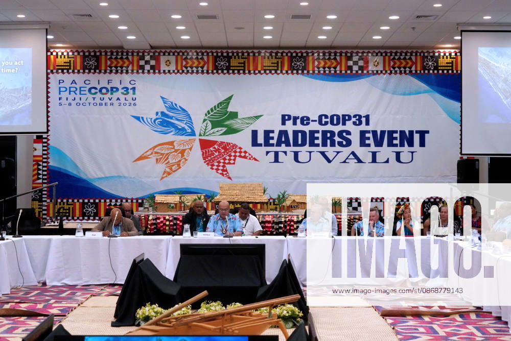 Tuvaluan Prime Minister FELETI TEO addresses the Pre-COP31 attendees, including Fijian Prime Minister SITIVENI RABUKA, Australian Prime Minister ANTHONY ALBANESE, and CHRIS BOWEN, Australian Minister for Climate Change and Energy at the Pre-COP31 Leaders event in Funafuti, Tuvalu. Over a dozen leaders touched down on the tiny Pacific atoll nation of Tuvalu on October 6, 2026 for a first-hand look at a once-vibrant ecosystem being threatened due to climate change. Funafuti Tuvalu - ZUMA 20261006_int_h213_030