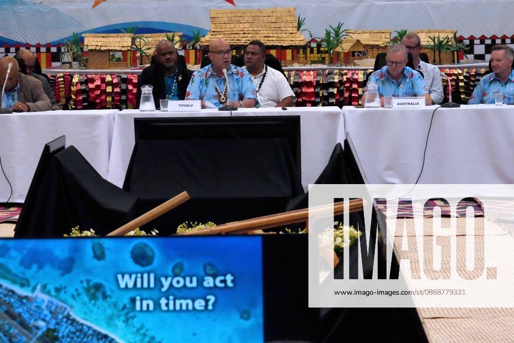 Tuvaluan Prime Minister FELETI TEO addresses the Pre-COP31 attendees, including Fijian Prime Minister SITIVENI RABUKA, Australian Prime Minister ANTHONY ALBANESE, and CHRIS BOWEN, Australian Minister for Climate Change and Energy at the Pre-COP31 Leaders event in Funafuti, Tuvalu. Over a dozen leaders touched down on the tiny Pacific atoll nation of Tuvalu on October 6, 2026 for a first-hand look at a once-vibrant ecosystem being threatened due to climate change. Funafuti Tuvalu - ZUMA 20261006_int_h213_027