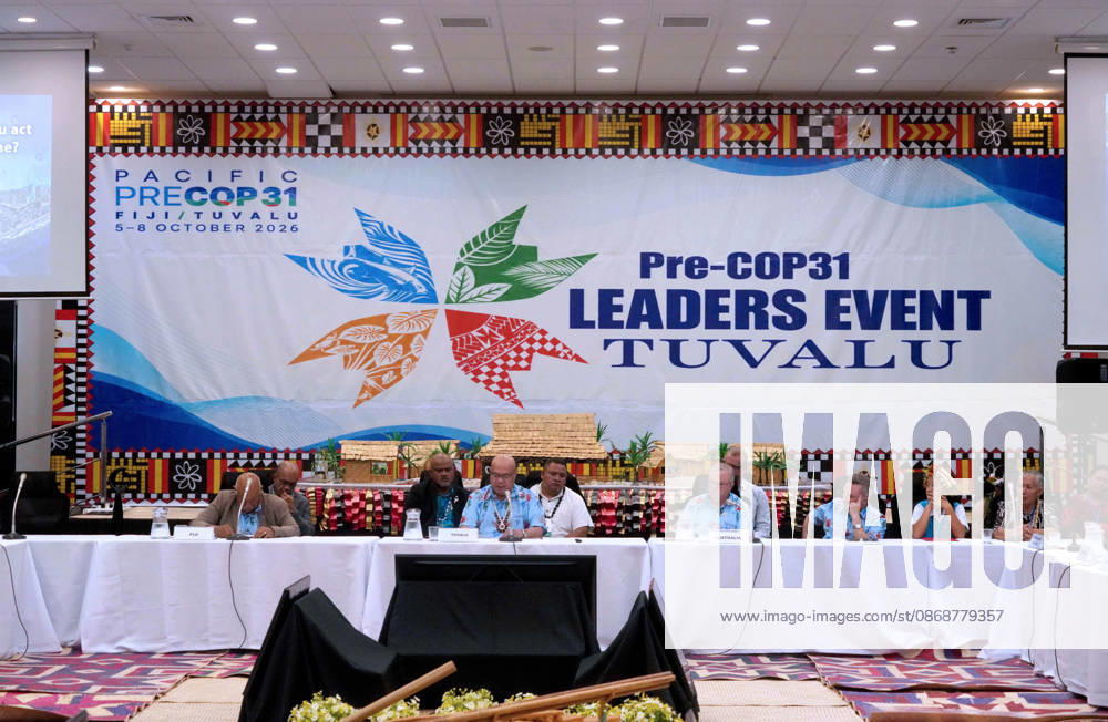Tuvaluan Prime Minister FELETI TEO addresses the Pre-COP31 attendees, including Fijian Prime Minister SITIVENI RABUKA, Australian Prime Minister ANTHONY ALBANESE, and CHRIS BOWEN, Australian Minister for Climate Change and Energy at the Pre-COP31 Leaders event in Funafuti, Tuvalu. Over a dozen leaders touched down on the tiny Pacific atoll nation of Tuvalu on October 6, 2026 for a first-hand look at a once-vibrant ecosystem being threatened due to climate change. Funafuti Tuvalu - ZUMA 20261006_int_h213_033