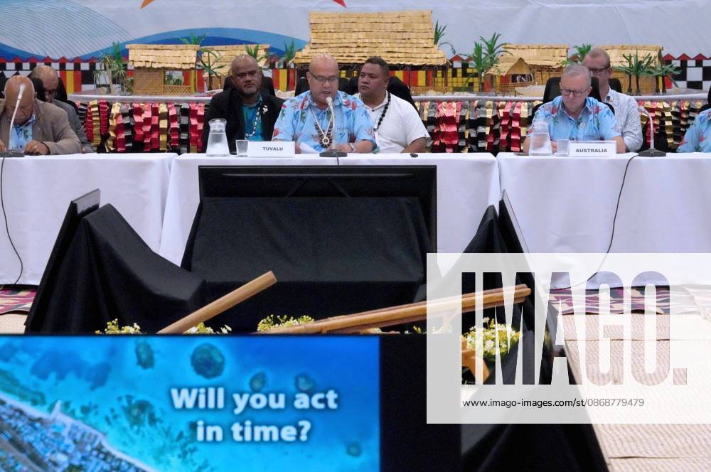 Tuvaluan Prime Minister FELETI TEO addresses the Pre-COP31 attendees, including Fijian Prime Minister SITIVENI RABUKA, Australian Prime Minister ANTHONY ALBANESE, and CHRIS BOWEN, Australian Minister for Climate Change and Energy at the Pre-COP31 Leaders event in Funafuti, Tuvalu. Over a dozen leaders touched down on the tiny Pacific atoll nation of Tuvalu on October 6, 2026 for a first-hand look at a once-vibrant ecosystem being threatened due to climate change. Funafuti Tuvalu - ZUMA 20261006_int_h213_028