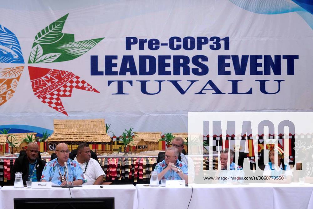 Tuvaluan Prime Minister FELETI TEO addresses the attendees at the Pre-COP31 Leaders event, including Australian Prime Minister ANTHONY ALBANESE, and Australian Minister for Climate Change and Energy CHRIS BOWEN in Funafuti, Tuvalu. Over a dozen leaders touched down on the tiny Pacific atoll nation of Tuvalu on October 6, 2026 for a first-hand look at a once-vibrant ecosystem being threatened due to climate change. Funafuti Tuvalu - ZUMA 20261006_int_h213_035