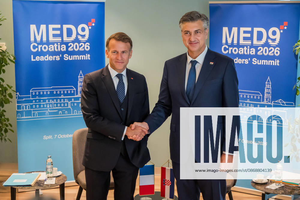 EU MED9 Bilateral meet Plenkovic - Macron Croatian Prime Minister Andrej Plenkovic meets French President Emmanuel Macron during bilateral meetings on the sidelines of the EU MED9 summit in Split, Croatia on October 7, 2027. ZvonimirxBarisin PIXSELL
