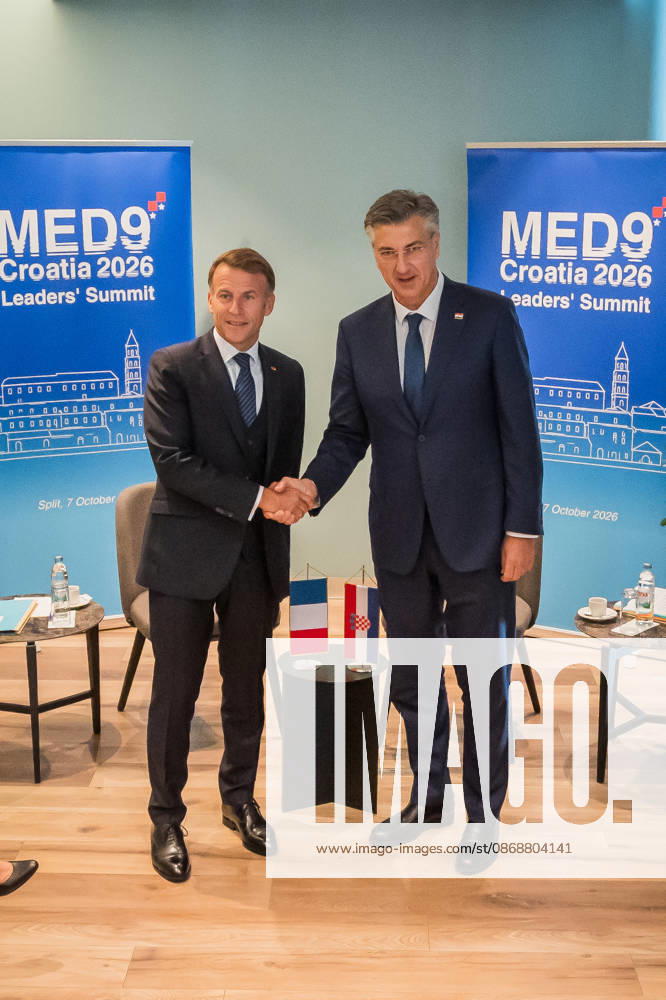 EU MED9 Bilateral meet Plenkovic - Macron Croatian Prime Minister Andrej Plenkovic meets French President Emmanuel Macron during bilateral meetings on the sidelines of the EU MED9 summit in Split, Croatia on October 7, 2027. ZvonimirxBarisin PIXSELL