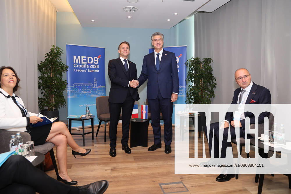 EU MED9 Bilateral meet Plenkovic - Macron Croatian Prime Minister Andrej Plenkovic meets French President Emmanuel Macron during bilateral meetings on the sidelines of the EU MED9 summit in Split, Croatia on October 7, 2027. IvanaxIvanovic PIXSELL