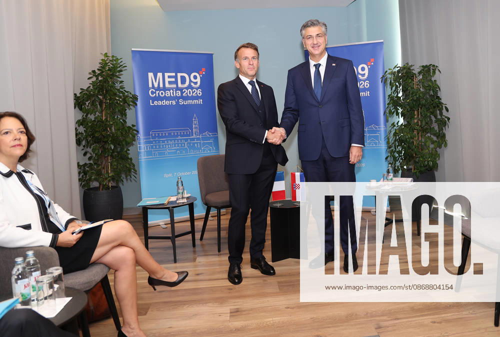 EU MED9 Bilateral meet Plenkovic - Macron Croatian Prime Minister Andrej Plenkovic meets French President Emmanuel Macron during bilateral meetings on the sidelines of the EU MED9 summit in Split, Croatia on October 7, 2027. IvanaxIvanovic PIXSELL