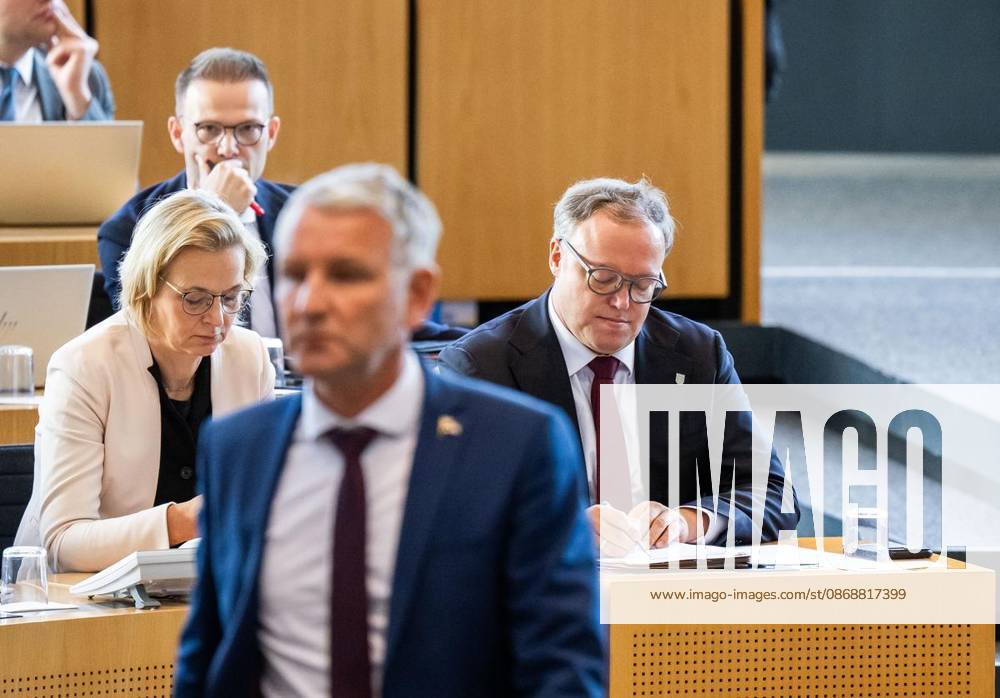 8 THURINGIAN STATE PARLIAMENT 55th PLENARY SESSION ** ** ** Oct. 7, 2026, Erfurt, Thuringian State Parliament, 8th Legislative Term, 55th Plenary Session. Pictured: Björn Höcke (AfD), parliamentary group leader; Minister President Mario Voigt (CDU), Katja Wolf, Th