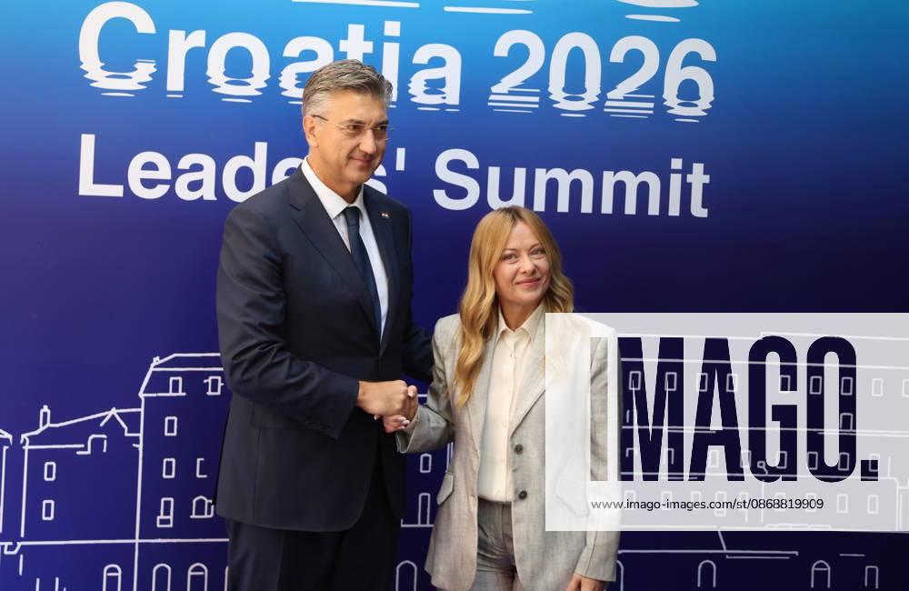 EU MED9 Prime Minister of Croatia Andrej Plenkovic welcomes Prime Minister of Italy Giorgia Meloni for EU MED9 summit at Split, Croatia on October 7, 2026. IvoxCagalj PIXSELL