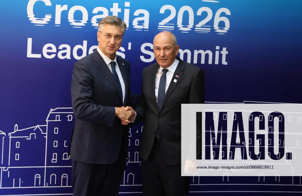 EU MED9 Prime Minister of Croatia Andrej Plenkovic welcomes Prime Minister of Slovenia Janez Jansa for EU MED9 summit at Split, Croatia on October 7, 2026. IvoxCagalj PIXSELL