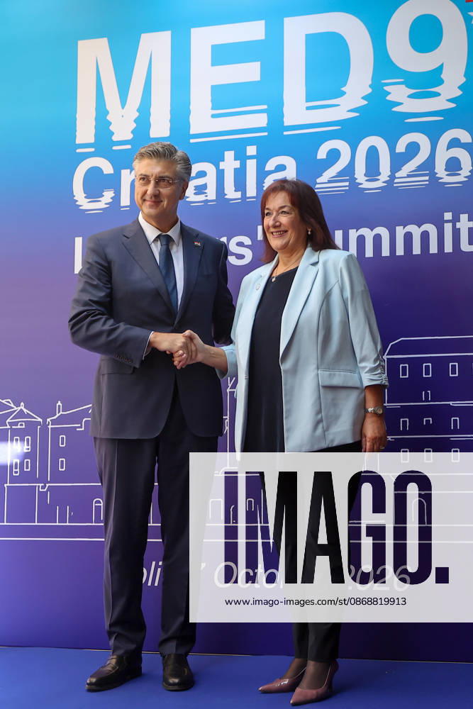 EU MED9 Prime Minister of Croatia Andrej Plenkovic welcomes European Commissioner for the Mediterranean Dubravka Suca for EU MED9 summit at Split, Croatia on October 7, 2026. IvanaxIvanovic PIXSELL