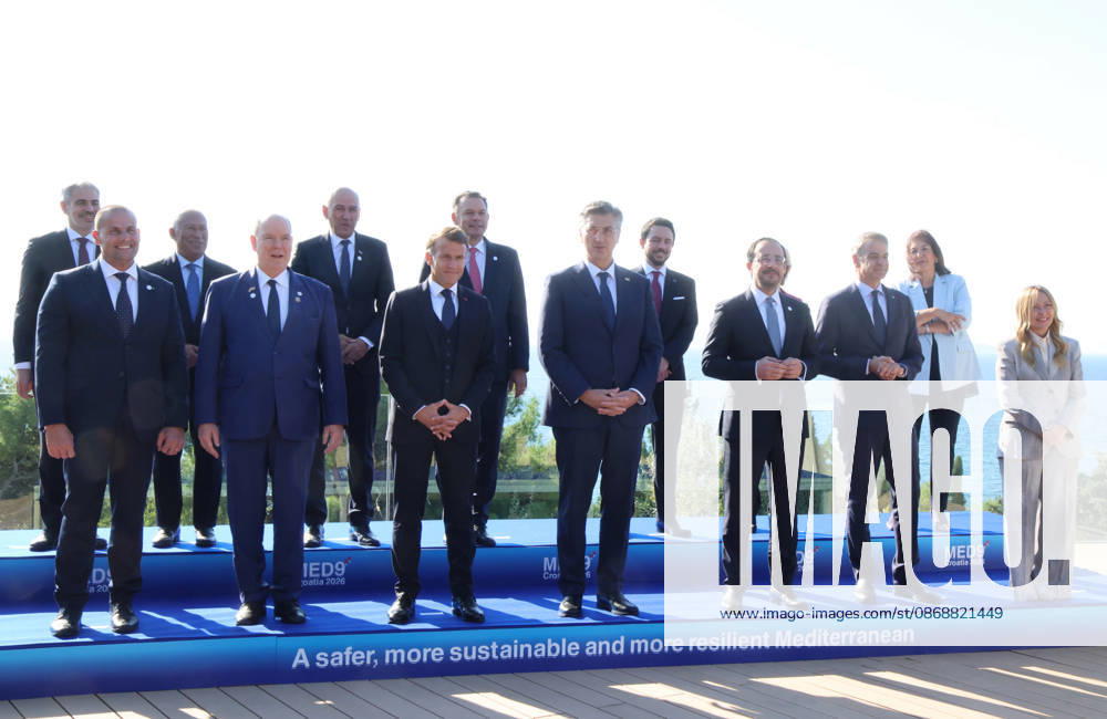 EU MED9 Prime Minister of Spain Fernando Sampedro Marcos, Prime Minister of Malta Robert Abela, President of the European Council Antonio Costa, Prince Albert II of Monaco, Prime Minister of Slovenia Janez Jansa, President of France Emmanuel Macron, Prime Minister of Portugal Luis Montenegro, Prime Minister of Croatia Andrej Plenkovic, Crown Prince of Jordan Al Hussein bin Abdullah II, President of Cyprus Nikos Christodoulides, President of the European Commission Ursula von der Leyen, Prime Minister of Greece Kyriakos Mitsotakis, European Commissioner for the Mediterranean Dubravka Suica and Prime Minister of Italy Giorgia Meloni pose for a family photo during EU MED9 Summit in Split Croatia on October 7, 2026. IvoxCagalj PIXSELL