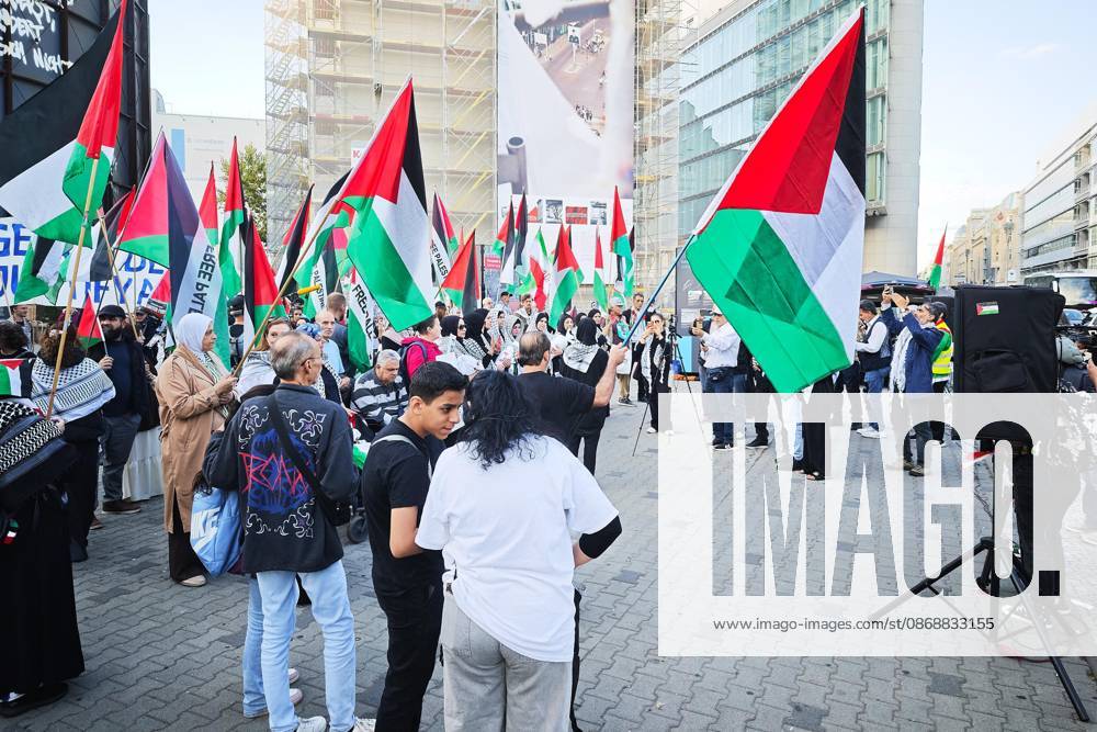 Berlin, Germany, October 7, 2026: Pro-Palestinian demonstration on the third anniversary of the Hamas attack on Israel near Checkpoint Charlie in the Mitte district