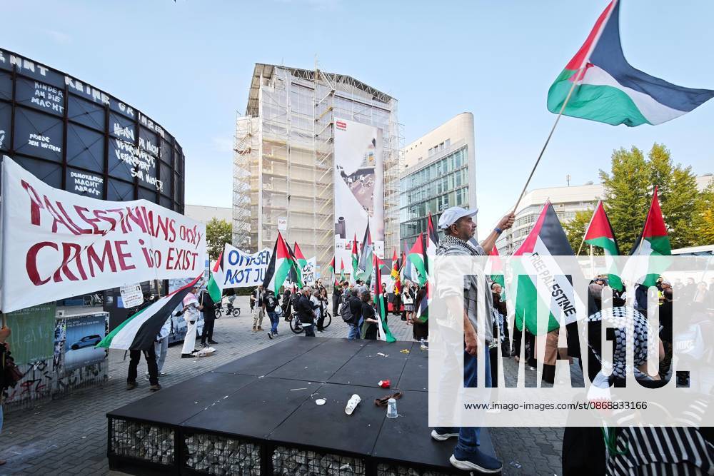 Berlin, Germany, October 7, 2026: Pro-Palestinian demonstration on the third anniversary of the Hamas attack on Israel near Checkpoint Charlie in the Mitte district
