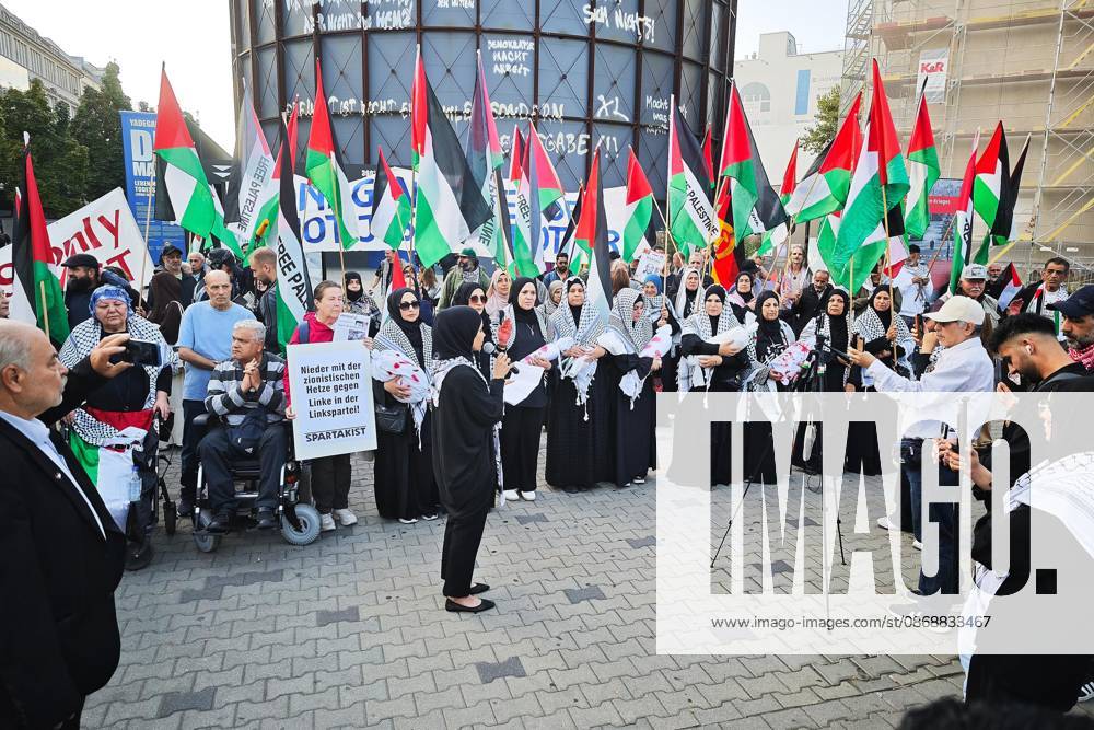 Berlin, Germany, October 7, 2026: Pro-Palestinian demonstration on the third anniversary of the Hamas attack on Israel near Checkpoint Charlie in the Mitte district