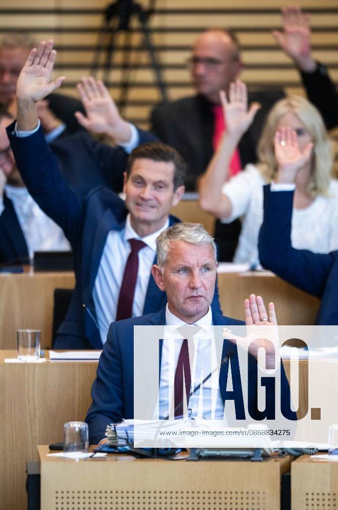 8 THURINGIAN STATE PARLIAMENT 56th PLENARY SESSION ** FOR ** ** Oct. 7, 2026, Erfurt, Thuringian State Parliament, 8th Legislative Period, 56th Plenary Session. Photo: Björn Höcke (AfD), parliamentary group leader; Wiebke Muhsal (AfD). Germany, Thuringia, Erfurt. Copyright SaschaxFromm