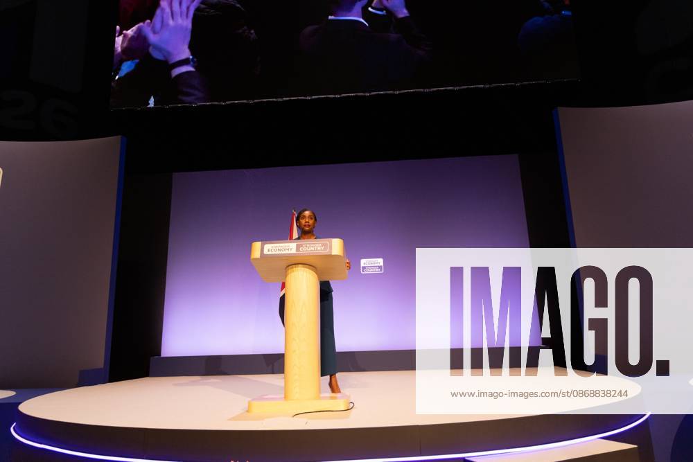 Leader of the Conservative Party Kemi Badenoch gives her keynote speech at the International Convention Centre on the final day (day four) of the Conservative Party Conference at the International Convention Centre in Birmingham..The Conservative Party leader, Kemi Badenoch s gives her keynote speech at the International Convention Centre on the final day (day four) of the Conservative Party Conference at the International Convention Centre in Birmingham. The Conservative Party opened its annual conference under the slogan Stronger economy, stronger countryÃ¢ Birmingham United Kingdom - ZUMAs197 20261007_aaa_s197_053