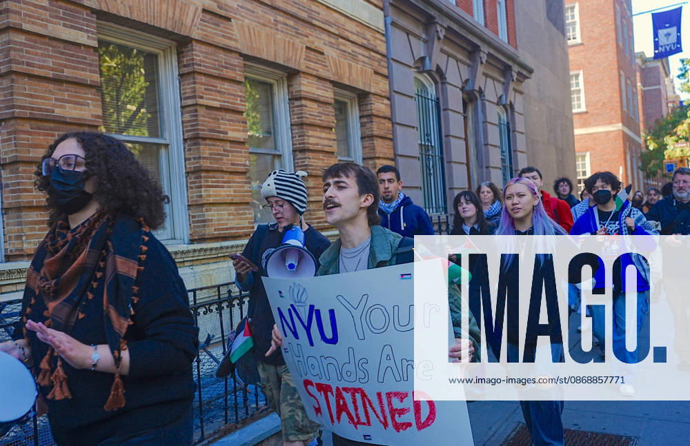 Pro-Palestinian protest at New York University NEW YORK, UNITED STATES - OCTOBER 04: A group of pro-Palestinian New York University (NYU) students walked out of classes to protest NYU and Israel, and marched outside the school buildings in New York, U.S., on October 7, 2026, marking the anniversary of the October 7 attacks on Gaza. Selcuk Acar Anadolu New York United States. Editorial use only. Please get in touch for any other usage.