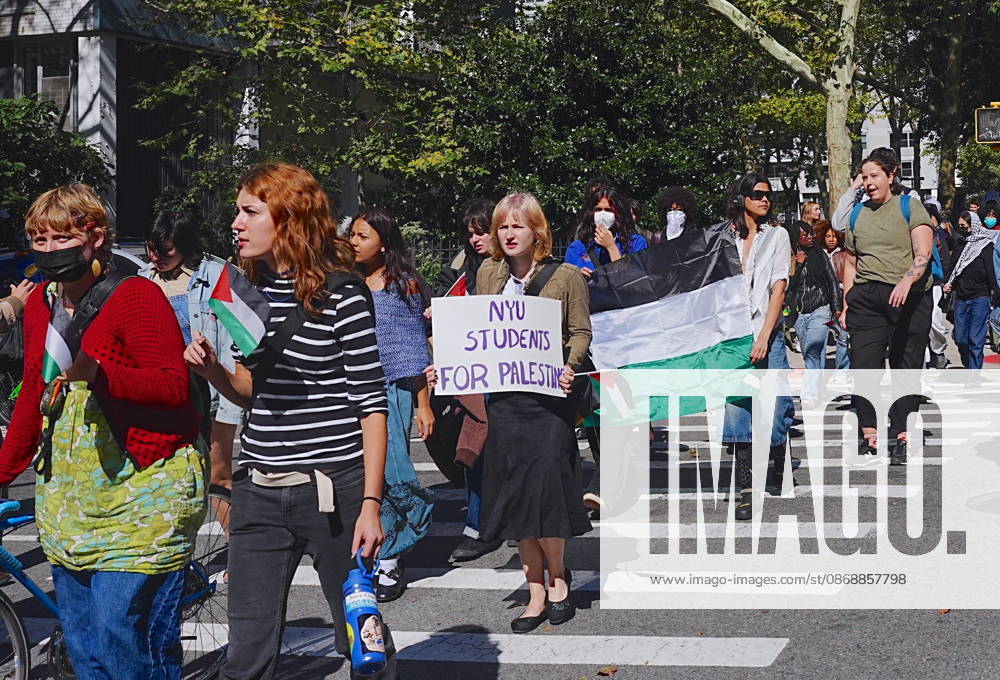 Pro-Palestinian protest at New York University NEW YORK, UNITED STATES - OCTOBER 04: A group of pro-Palestinian New York University (NYU) students walked out of classes to protest NYU and Israel, and marched outside the school buildings in New York, U.S., on October 7, 2026, marking the anniversary of the October 7 attacks on Gaza. Selcuk Acar Anadolu New York United States. Editorial use only. Please get in touch for any other usage.