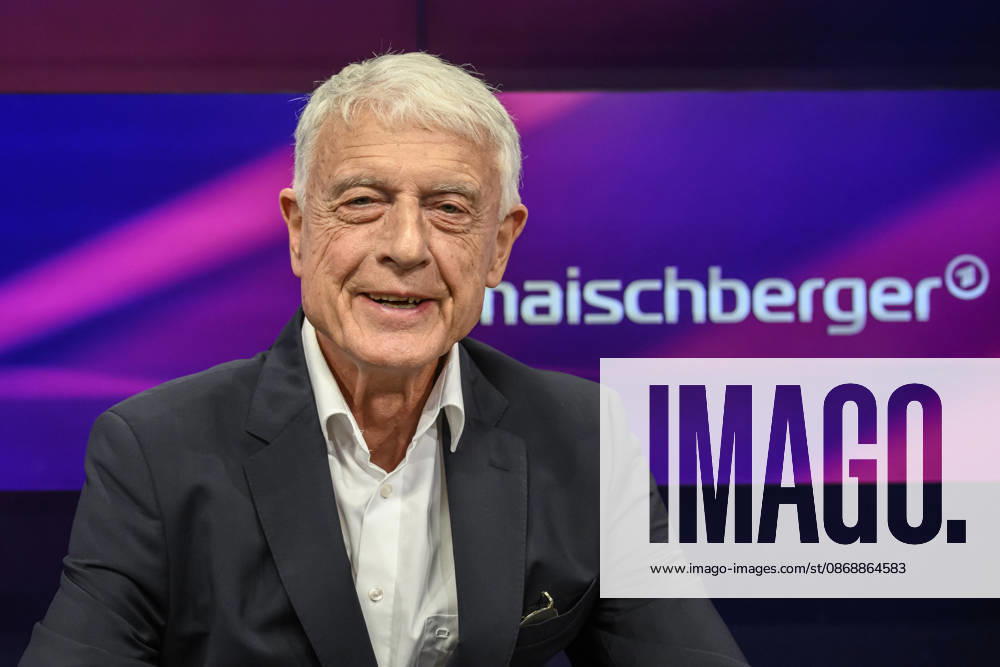Pictured, from left: Werner Sonne, journalist and author, GER, Berlin, studio, guest on Maischberger, political talk show, TV, program, with host Sandra Maischberger, Das Erste, from Adlershof, Am Studio 20, October 7, 2026,