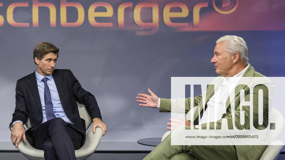 Pictured, from left: Moritz Schularick, economist; Klaus Wowereit, SPD, former Governing Mayor of Berlin; GER, Berlin, studio, guest on *Maischberger*, a political talk show, TV program, hosted by Sandra Maischberger, Das Erste, from Adlershof – At Studio 20, October 7, 2026,