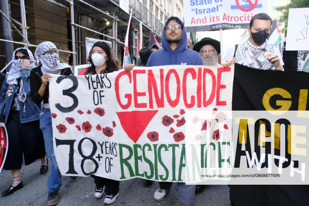 NEW YORK, NY - OCTOBER 7: Anti-Israeli and pro-Palestinian protestors converge during a vigil on the third anniversary of Hamas Oct. 7 attack in New York City on October 7, 2026.