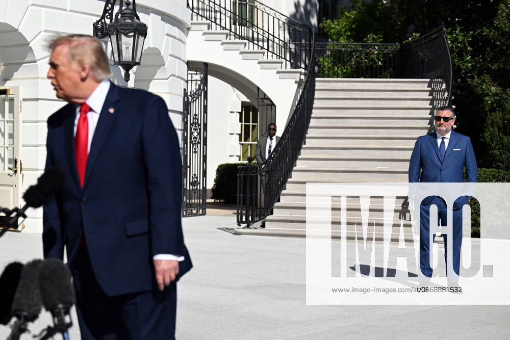 WASHINGTON, DC - OCT. 7: United States Senator Ted Cruz (Republican of Texas) looks on as US President Donald J Trump speaks to the press outside the South Portico of the White House in Washington, DC, USA, prior to departing en route to a campaign rally in San Antonio, Texas on Wednesday