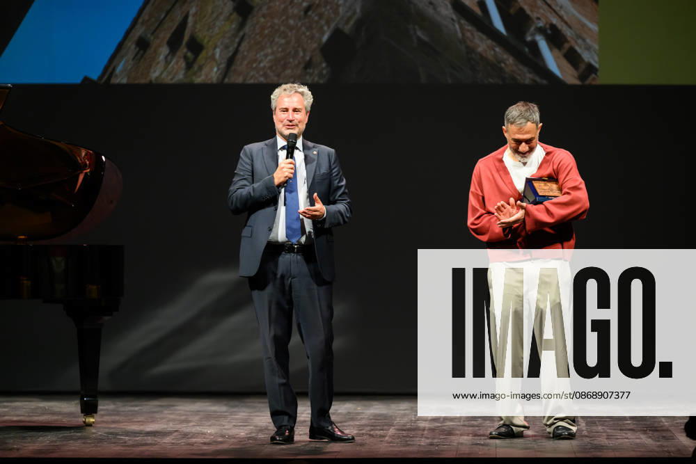 Mario Pardini, Mayor of Lucca, on stage to offer his thanks during the Italian Arthouse Cinema Federation awards ceremony, Lucca, October 7, 2026. Lucca Italy - ZUMAa289 20261007_zia_a289_121