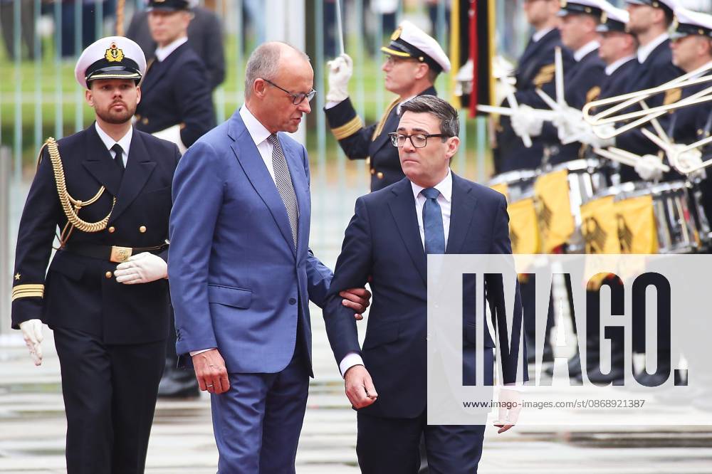 Federal Chancellery Reception for the Prime Minister of the United Kingdom German Chancellor Friedrich Merz (CDU) and Andrew Andy Burnham at the reception with military honors