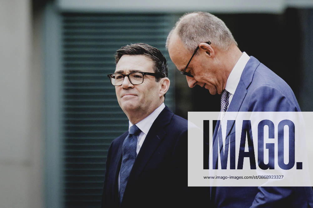 R. L. Friedrich Merz of the CDU, Chancellor of Germany, and Andrew Burnham, Prime Minister of the United Kingdom, photographed during a reception with military honors at the Federal Chancellery in Berlin, October 8, 2026, Berlin, Germany