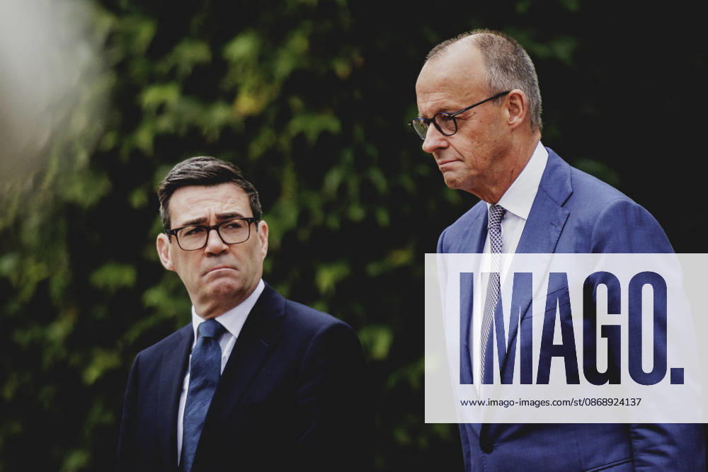 R. L. Friedrich Merz (CDU), Chancellor of Germany, and Andrew Burnham, Prime Minister of the United Kingdom, photographed during a reception with military honors at the Federal Chancellery in Berlin, October 8, 2026, Berlin, Germany